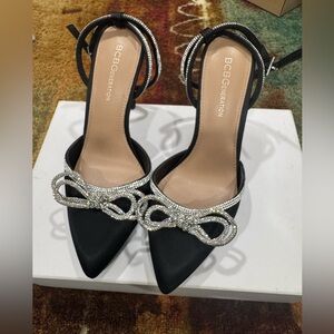BCBGeneration Satin Pointed Toe Heels with Rhinestone Bow